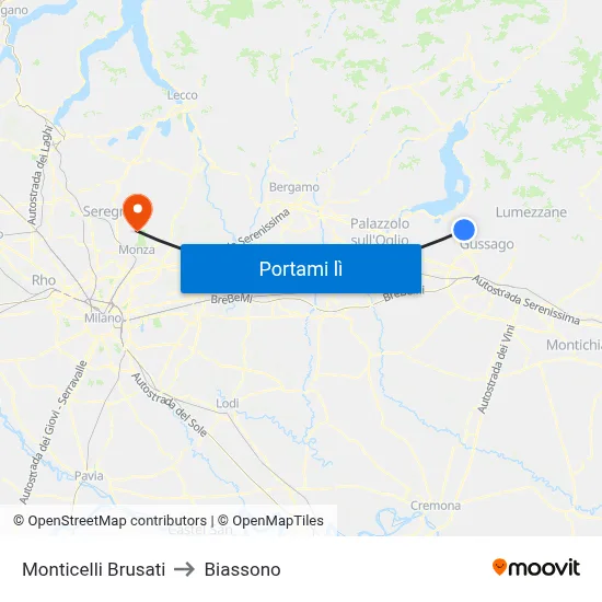 Monticelli Brusati to Biassono map