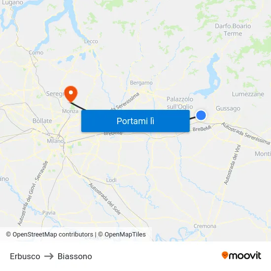 Erbusco to Biassono map