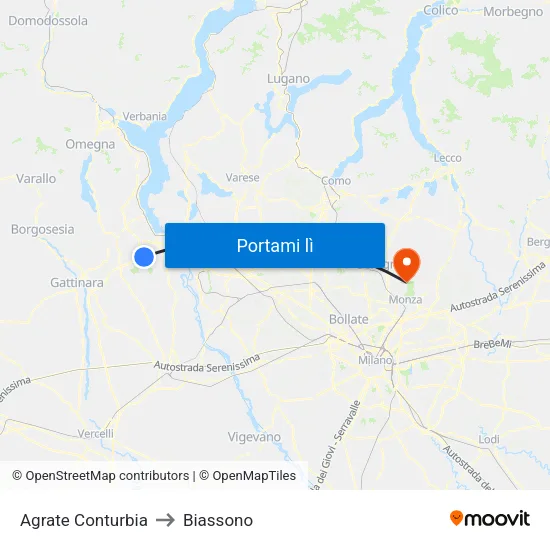 Agrate Conturbia to Biassono map