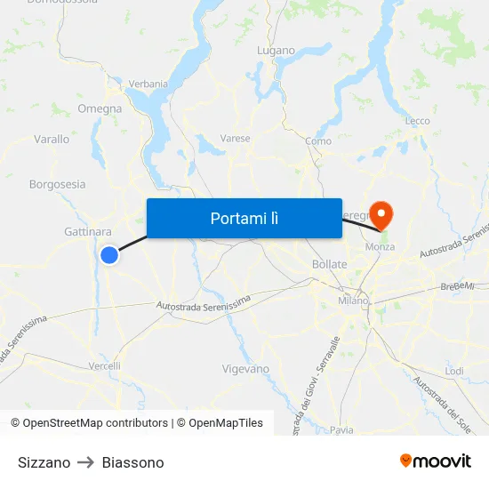 Sizzano to Biassono map