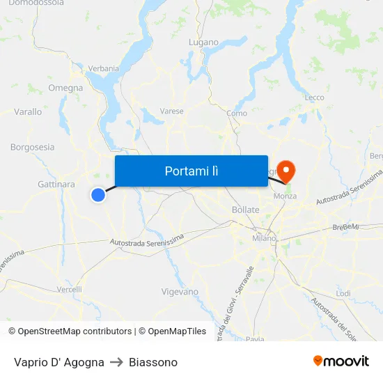 Vaprio D' Agogna to Biassono map