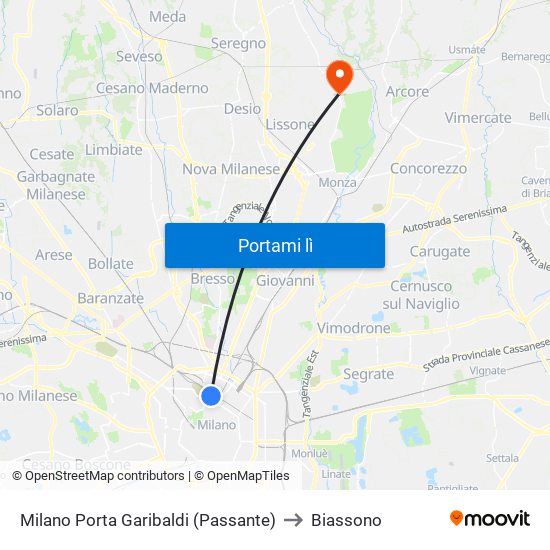 Milano Porta Garibaldi (Passante) to Biassono map
