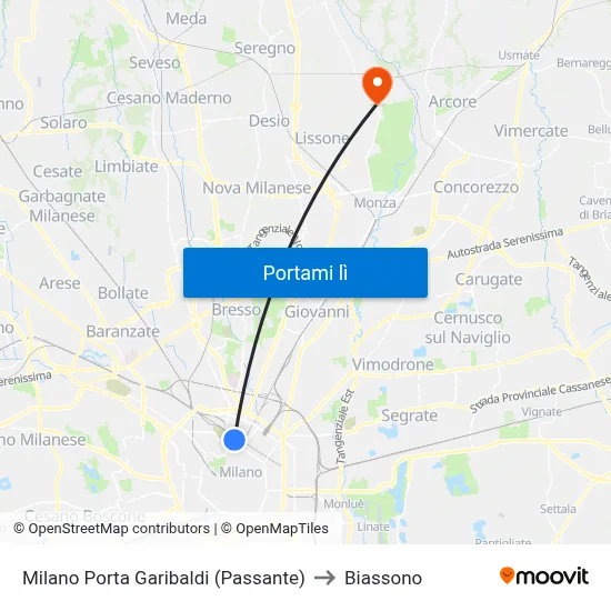 Milano Porta Garibaldi (Passante) to Biassono map