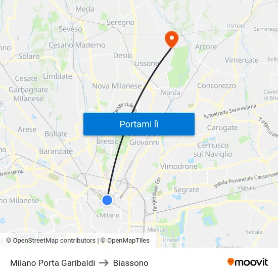 Milano Porta Garibaldi to Biassono map