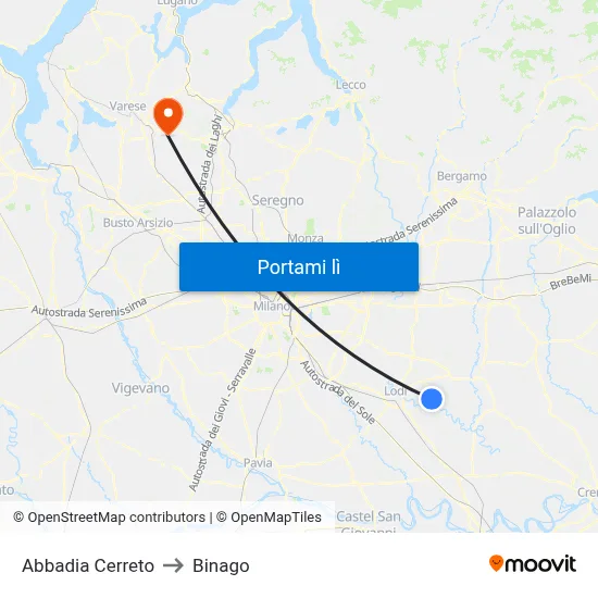 Abbadia Cerreto to Binago map
