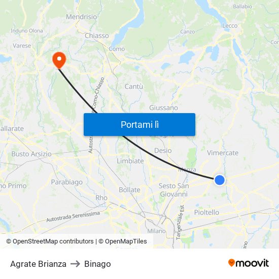 Agrate Brianza to Binago map