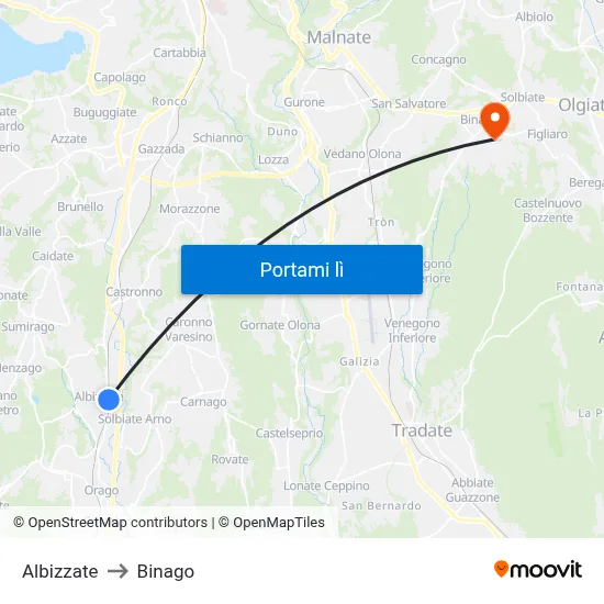 Albizzate to Binago map