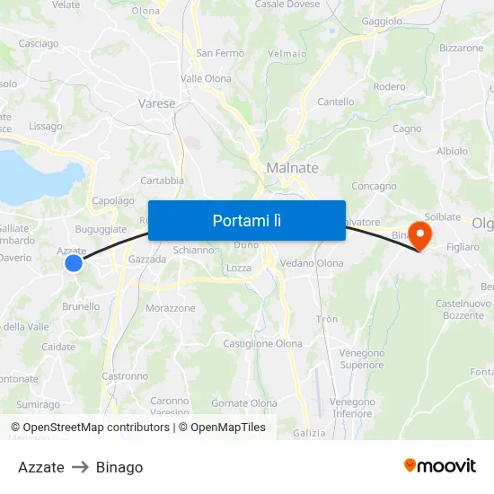 Azzate to Binago map