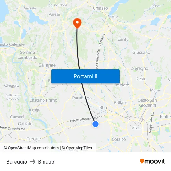 Bareggio to Binago map