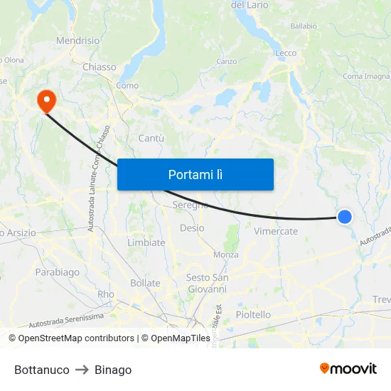 Bottanuco to Binago map