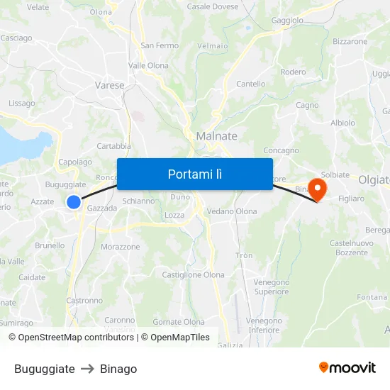 Buguggiate to Binago map