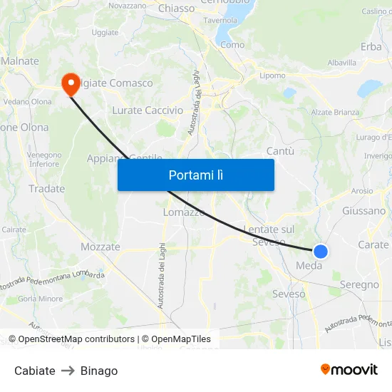 Cabiate to Binago map