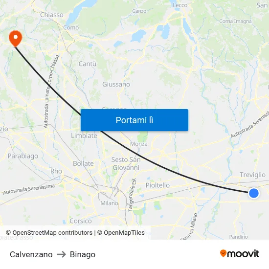 Calvenzano to Binago map