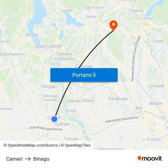 Cameri to Binago map