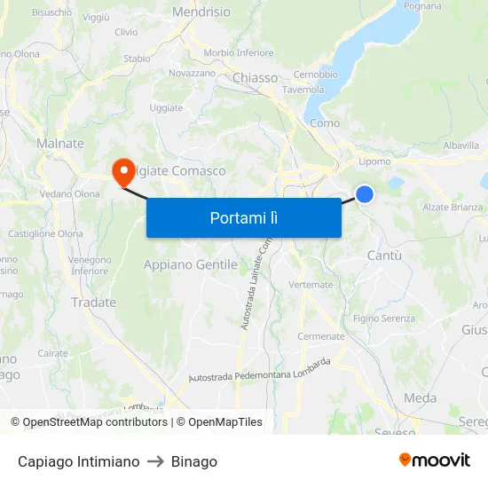 Capiago Intimiano to Binago map