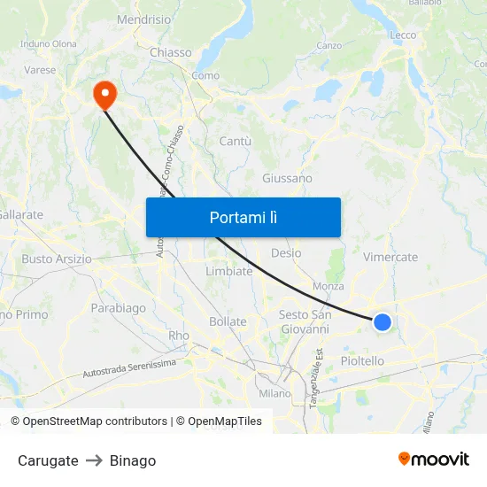 Carugate to Binago map