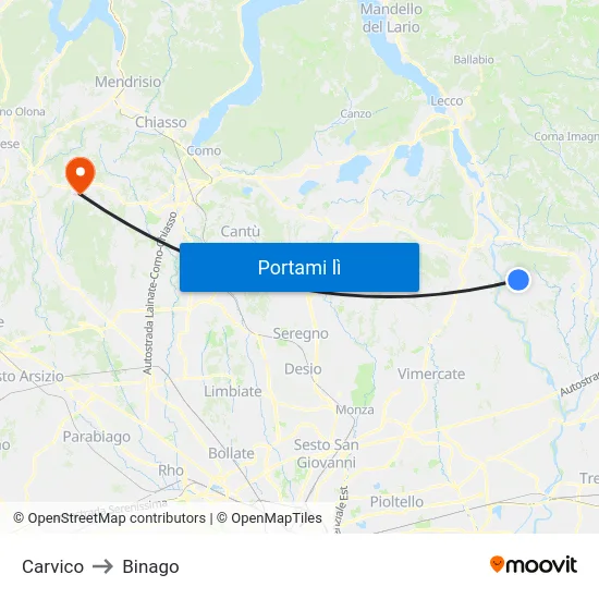Carvico to Binago map