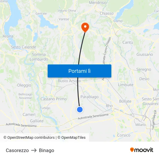 Casorezzo to Binago map
