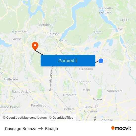 Cassago Brianza to Binago map
