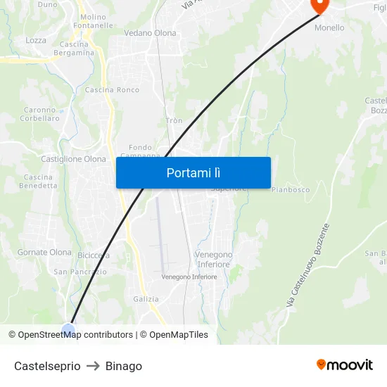 Castelseprio to Binago map