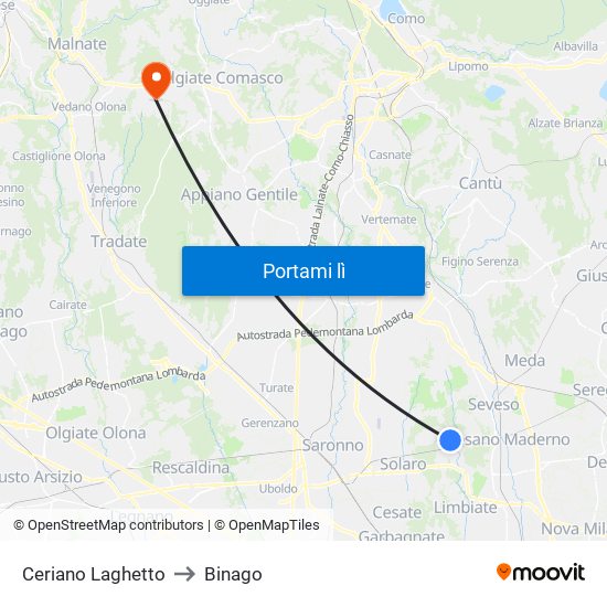 Ceriano Laghetto to Binago map