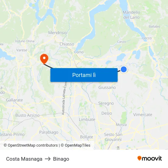 Costa Masnaga to Binago map