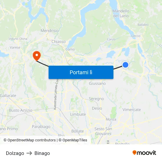 Dolzago to Binago map
