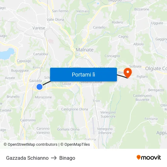 Gazzada Schianno to Binago map
