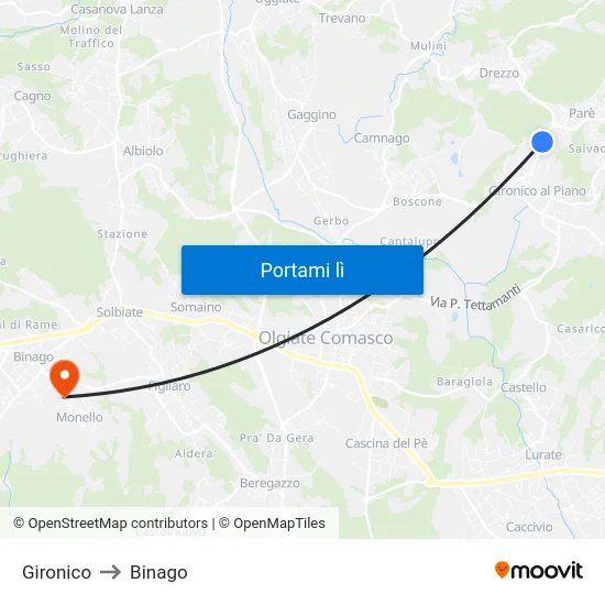 Gironico to Binago map