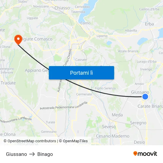 Giussano to Binago map