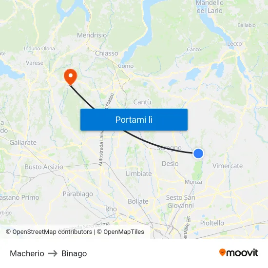 Macherio to Binago map