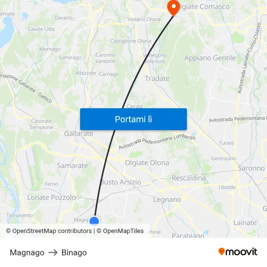 Magnago to Binago map