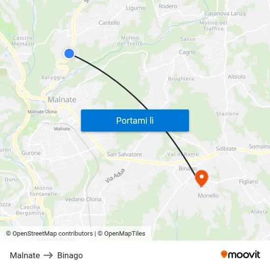 Malnate to Binago map