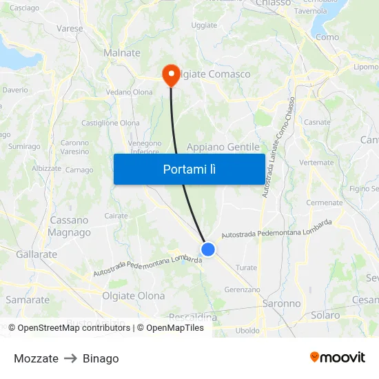Mozzate to Binago map