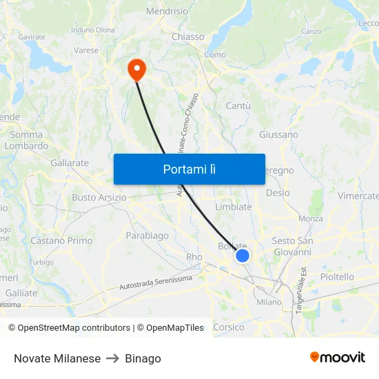 Novate Milanese to Binago map