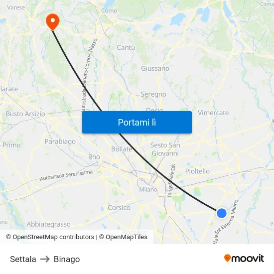 Settala to Binago map
