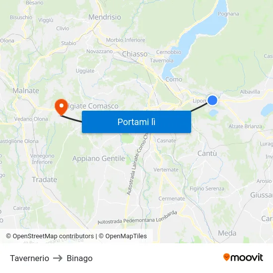 Tavernerio to Binago map