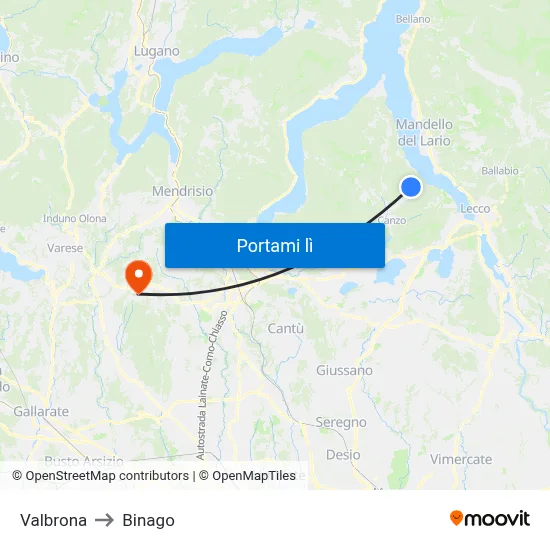 Valbrona to Binago map