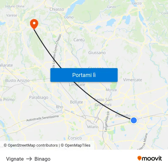 Vignate to Binago map