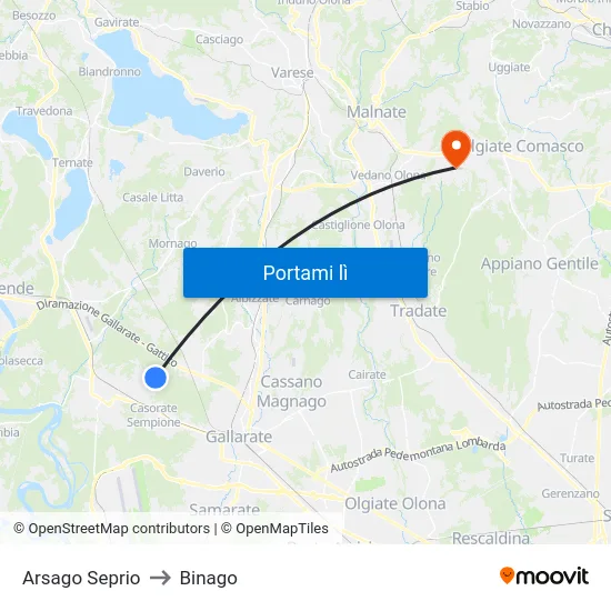 Arsago Seprio to Binago map