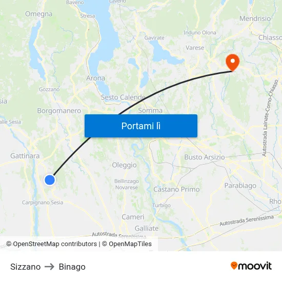 Sizzano to Binago map