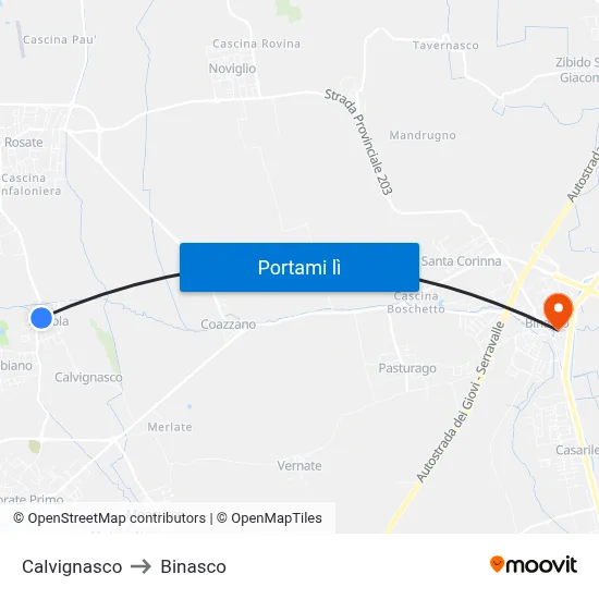 Calvignasco to Binasco map