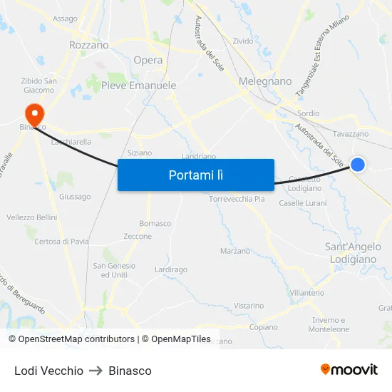 Lodi Vecchio to Binasco map