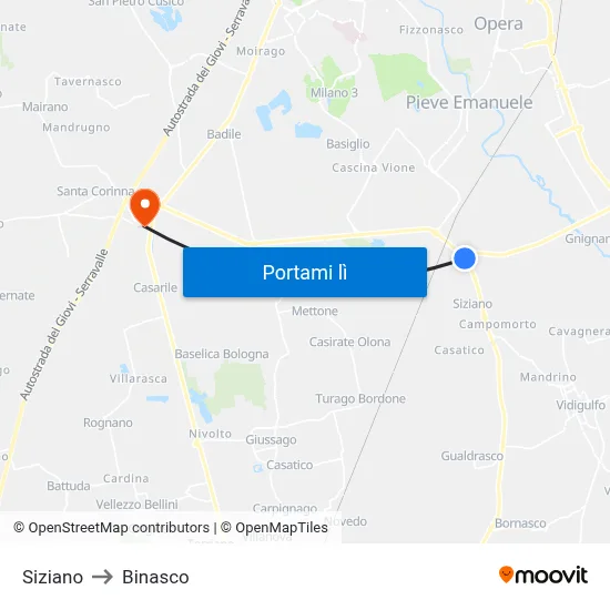 Siziano to Binasco map