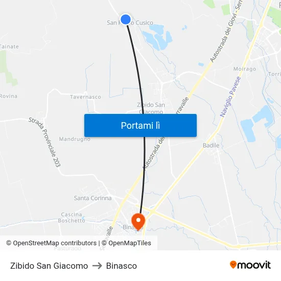 Zibido San Giacomo to Binasco map