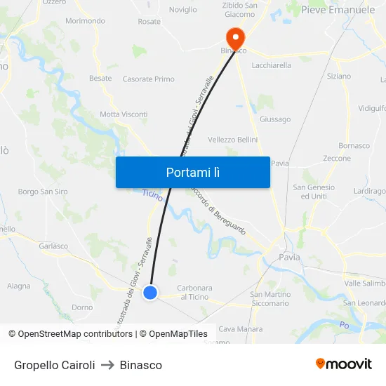 Gropello Cairoli to Binasco map