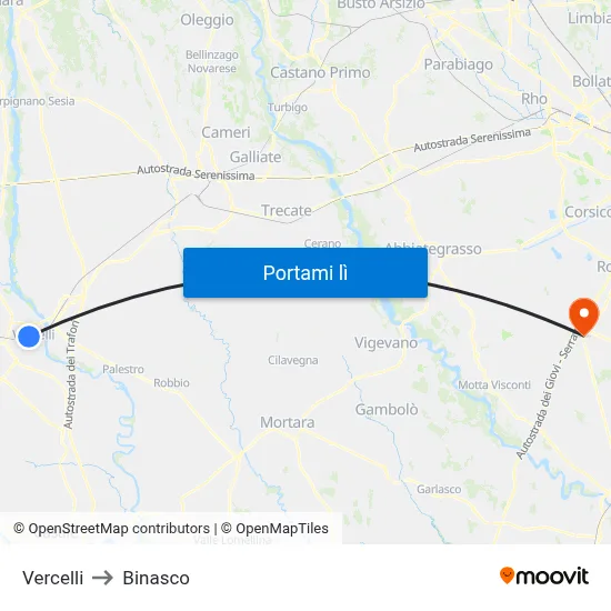 Vercelli to Binasco map