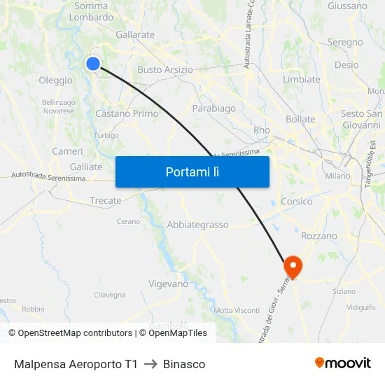 Malpensa Aeroporto T1 to Binasco map