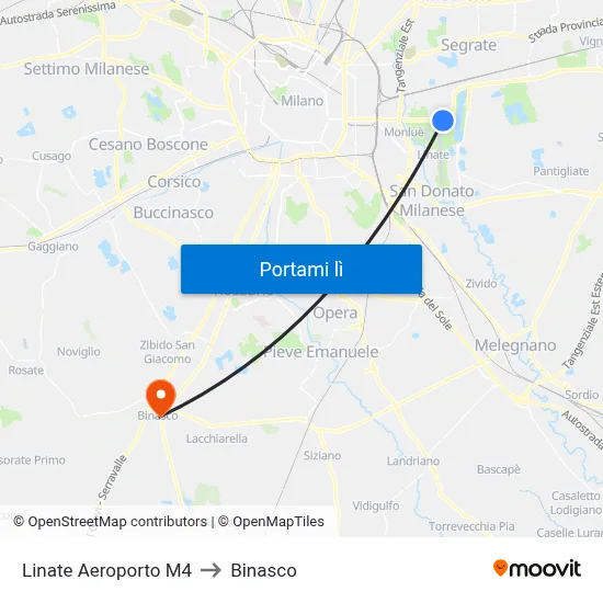 Linate Aeroporto M4 to Binasco map