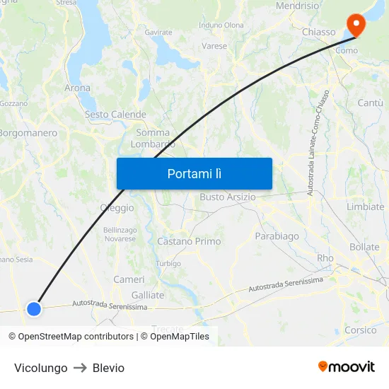 Vicolungo to Blevio map